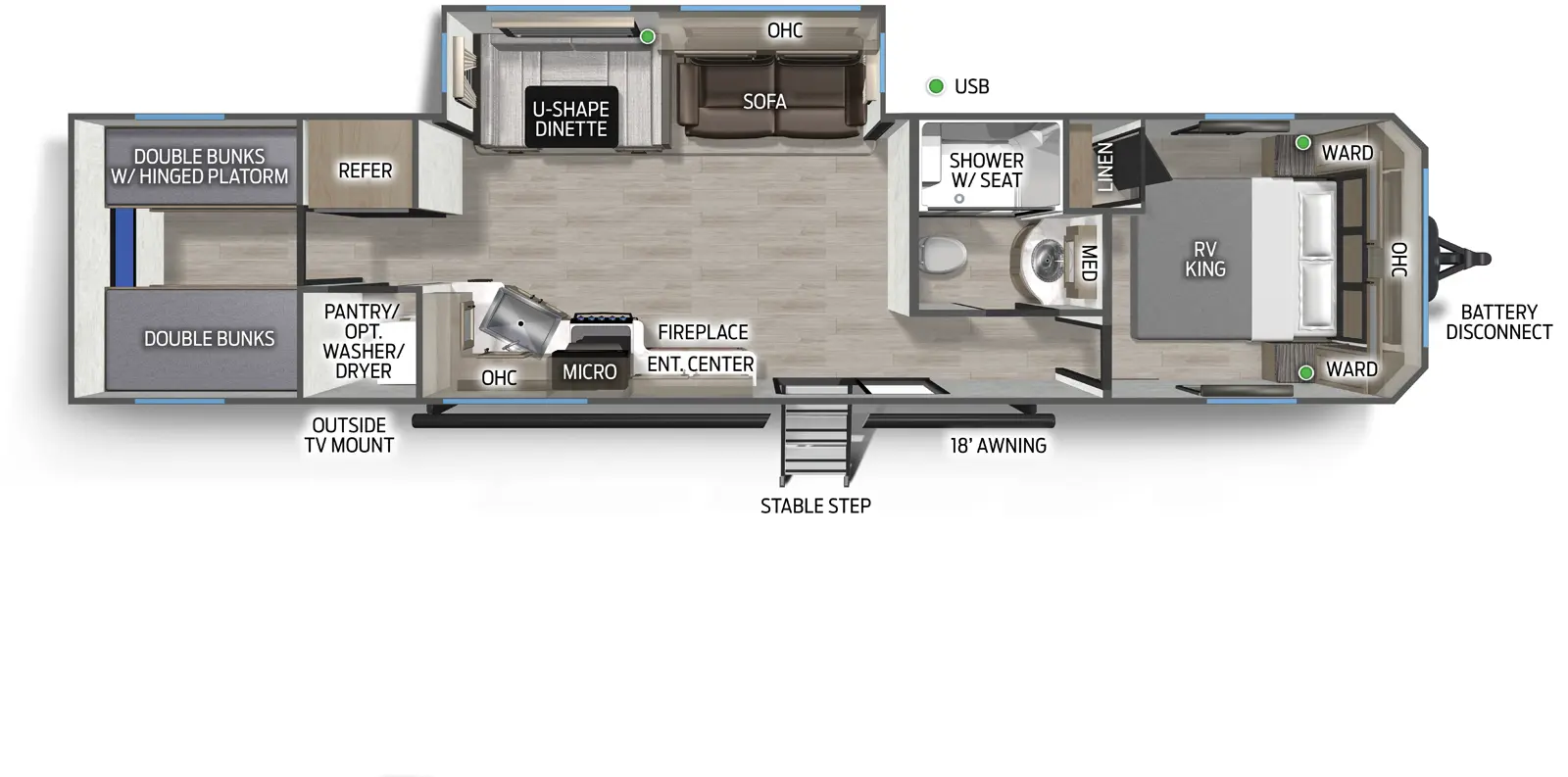 The Cherokee Black Label 39TNBL floorplan has one entry and one slide out. Exterior features include: fiberglass exterior and 18' awning. Interiors features include: bunk beds, u-dinette and front bedroom.